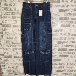 Forever 21 Jeans Women Cargo Size 27 Relaxed Fit Straight Leg‎ Dark Wash Pockets